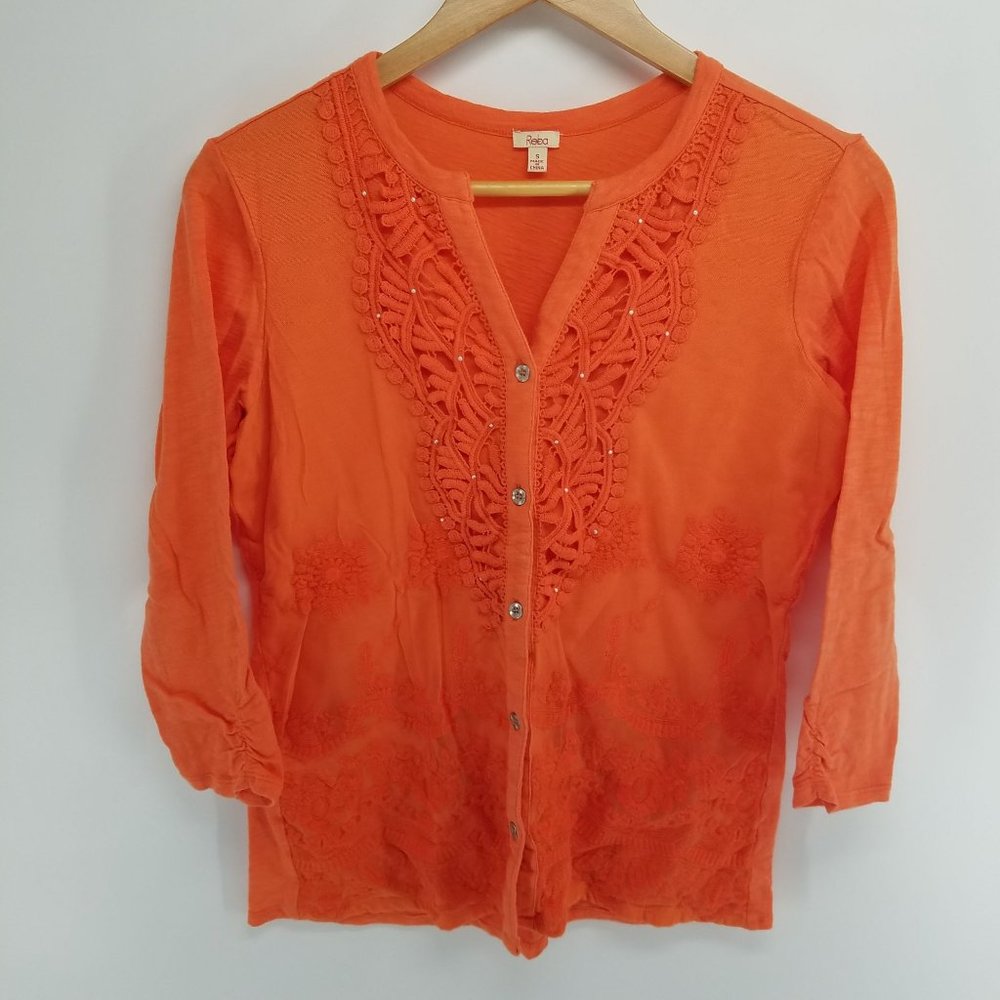 Reba orange embroidered netting stud button up shirt size S